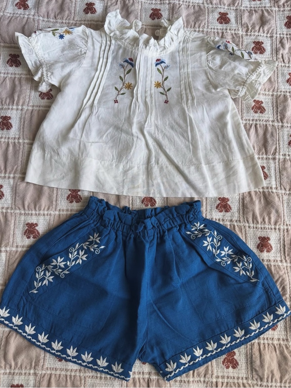 Lali Kids White Embroidered Top & Blue Floral Shorts Matching Set